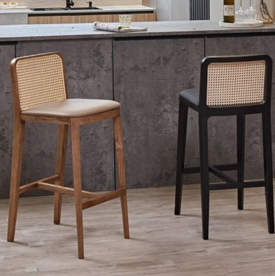 PU/Fabric Sponge Seat Nordic Polstered Bar Stool Holz Stuhl Rattan Stuhl für moderne Bar