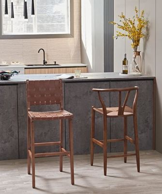 Ash Wood Frame Nordic Bistro Barstühle mit Sattelleder Gewebten Sitzplätzen