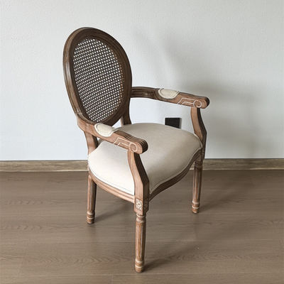 Moderne Design-Stil Nitrolacquer Finish Französisch Vintage-Stil Maßgeschneiderte Holz Speisegewebe Louis Armlehnen Stuhl für Veranstaltung