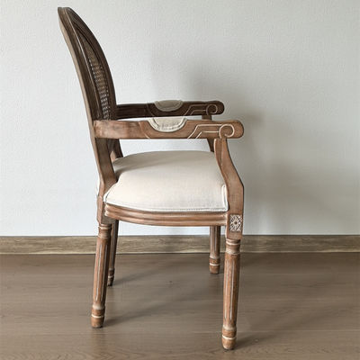 Moderne Design-Stil Nitrolacquer Finish Französisch Vintage-Stil Maßgeschneiderte Holz Speisegewebe Louis Armlehnen Stuhl für Veranstaltung