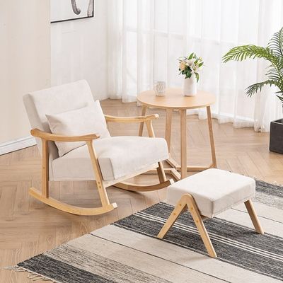 Massivholzrahmen Komfortable Stoffsitz Faul Einzelsofa Schaukelstuhl für Wohnzimmer