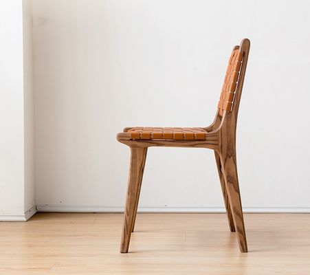 Moderner Speisestuhl aus Gewebtem Leder aus massivem Holz für Speisesaalmöbel