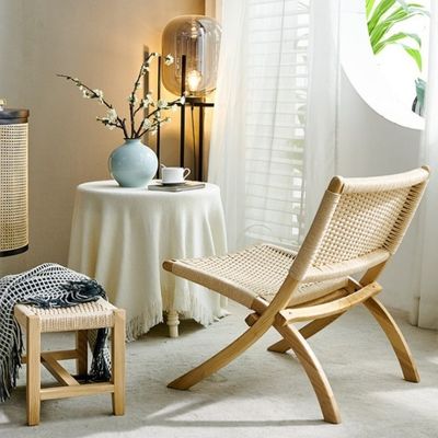 Hotel Wohnzimmermöbel Nordischer Stil Massivholz Freizeitstuhl mit Gewebter Schnur und Klappdesign