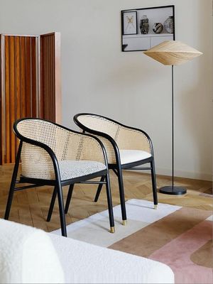 Chic Sessel Einfacher PU-Leder/Gewebe Und Rattan Esszimmer Wohnzimmer Möbel Restaurant Abdeckung Japanischer Stil Moderner Holzstuhl