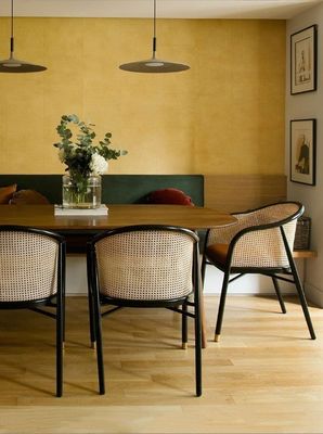 Chic Sessel Einfacher PU-Leder/Gewebe Und Rattan Esszimmer Wohnzimmer Möbel Restaurant Abdeckung Japanischer Stil Moderner Holzstuhl
