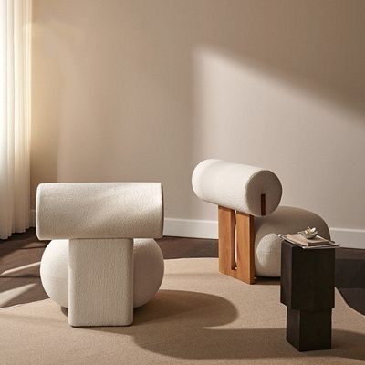 Wohnzimmerstuhl mit Holzbein Kreativ moderner Holz Freizeit Stil Lammwolle Einzelsofa Stuhl W70*D81*H71CM