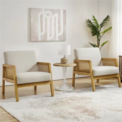 Modernes Wohnzimmer Luxus Sessel Möbel Holzsofa Stuhl mit Luxus Stoff Samt und Rattan in beliebter Naturfarbe