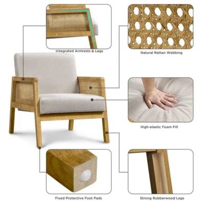 Modernes Wohnzimmer Luxus Sessel Möbel Holzsofa Stuhl mit Luxus Stoff Samt und Rattan in beliebter Naturfarbe