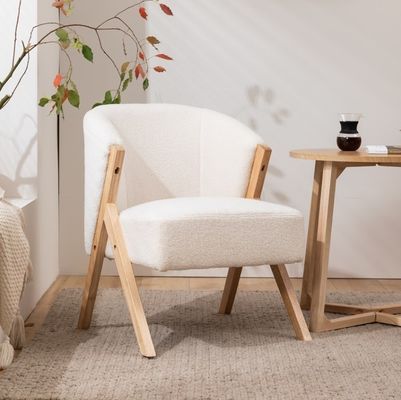 W60*D68*H77CM Moderne Wohnzimmermöbel Wohnstuhl KD Holzsofa Stuhl Lammwolle Stoff Weiß Aufgeschlagener Akzentstuhl