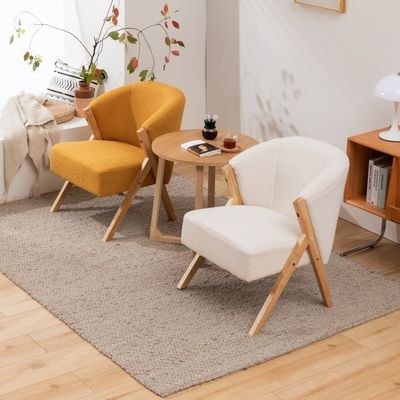 W60*D68*H77CM Moderne Wohnzimmermöbel Wohnstuhl KD Holzsofa Stuhl Lammwolle Stoff Weiß Aufgeschlagener Akzentstuhl